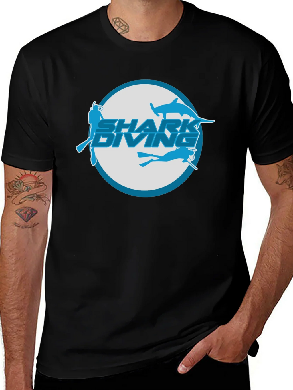 Shark Diving T-Shirt - Black Cotton Tee product image 1