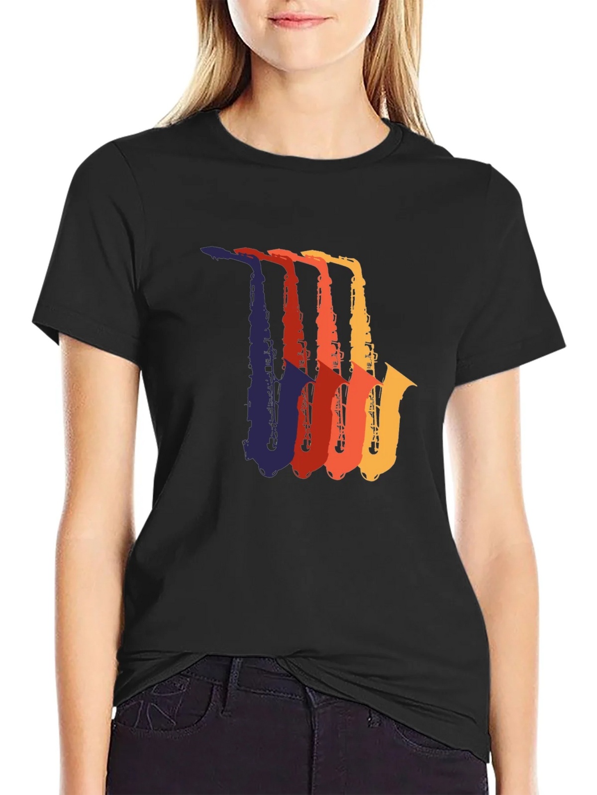 Retro Saxophone Graphic Tee - Black Cotton T-Shirt product image 2