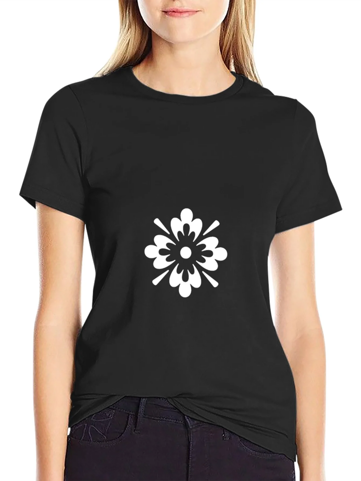 Black T-Shirt with White Floral Graphic product image 2