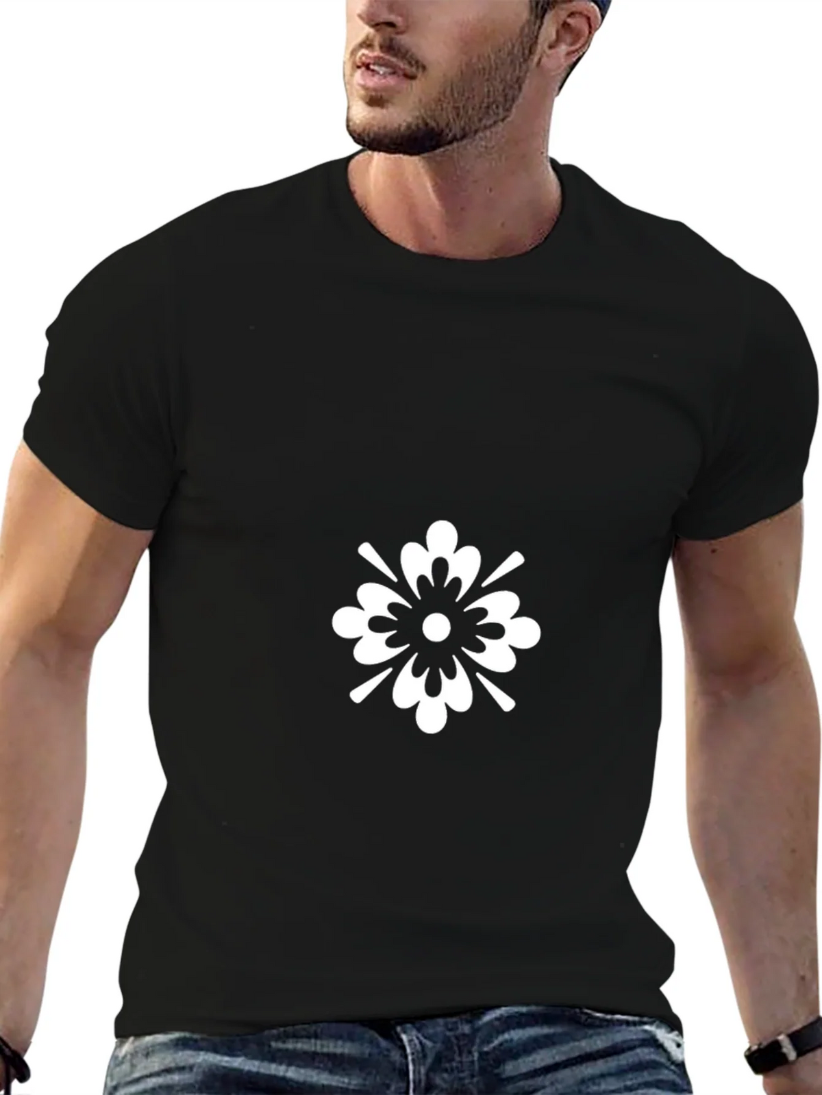 Black T-Shirt with White Floral Graphic product image 6