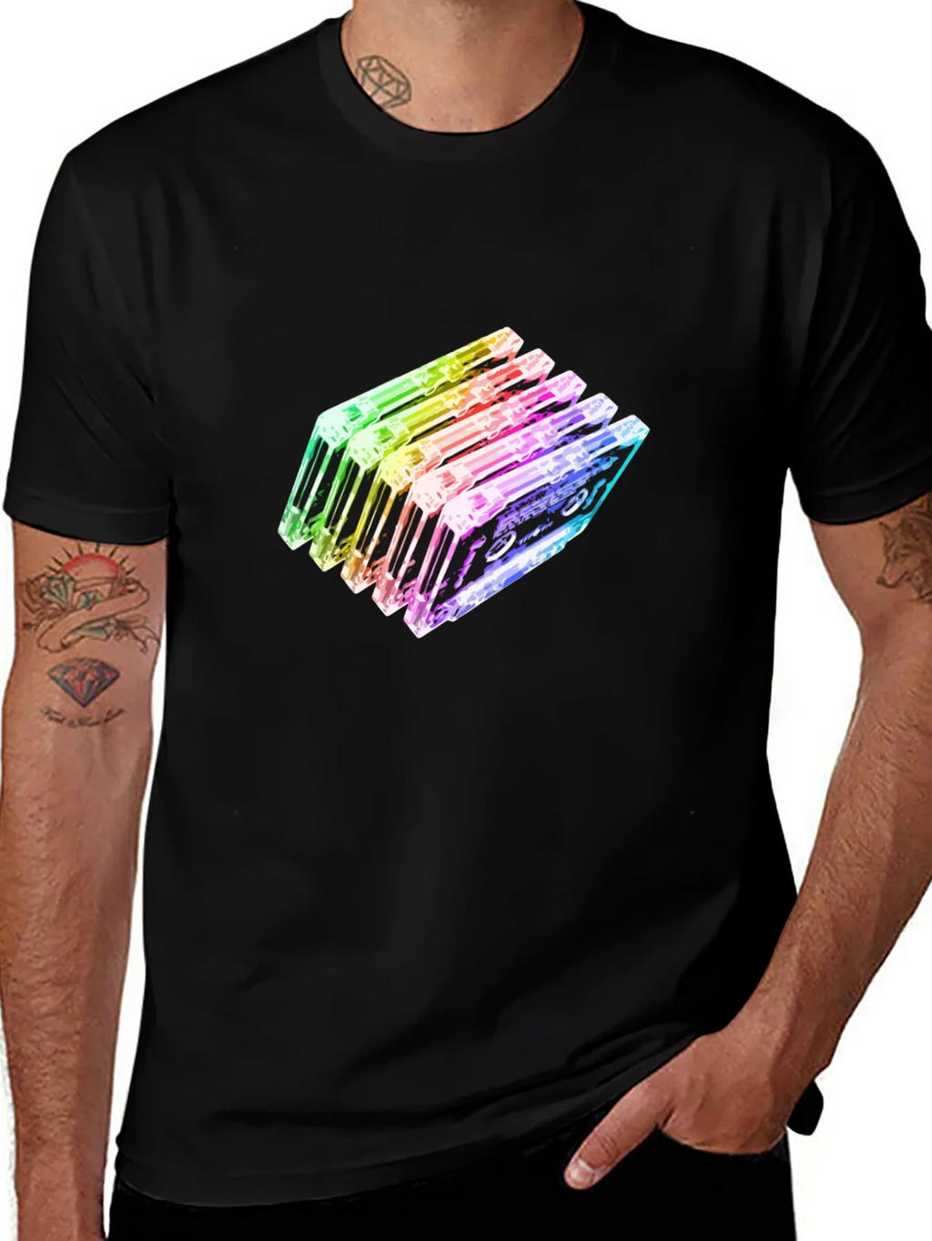 Rainbow Cassette Tapes Graphic Black T-Shirt product image 1