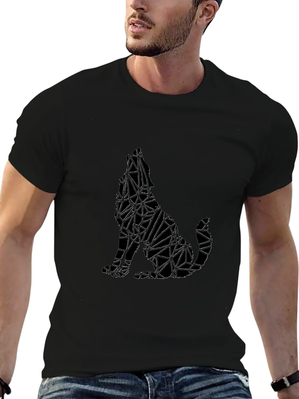 Geometric Wolf Graphic Print Black T-Shirt product image 4