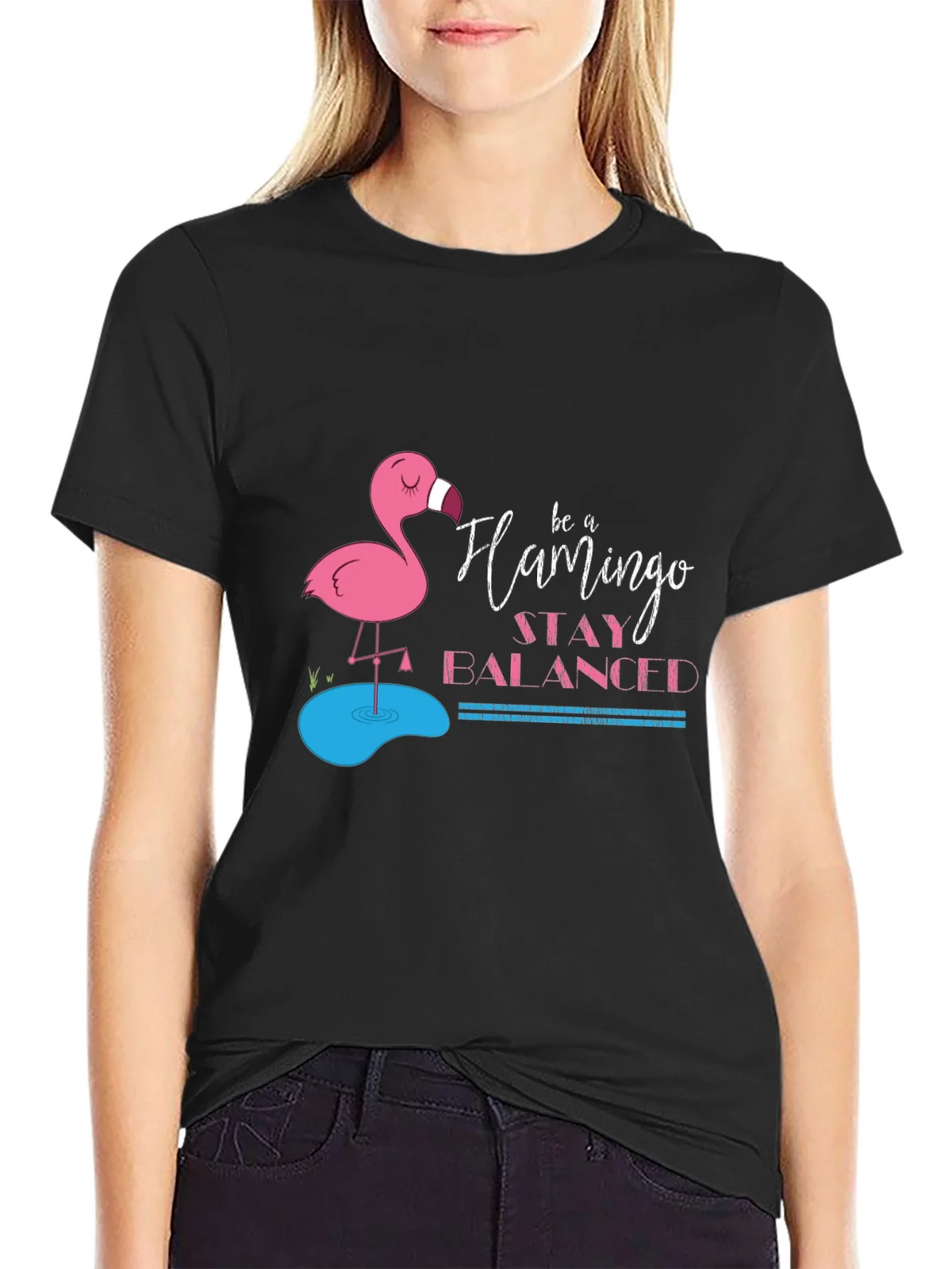 Be a Flamingo Stay Balanced Black T-Shirt product image 1