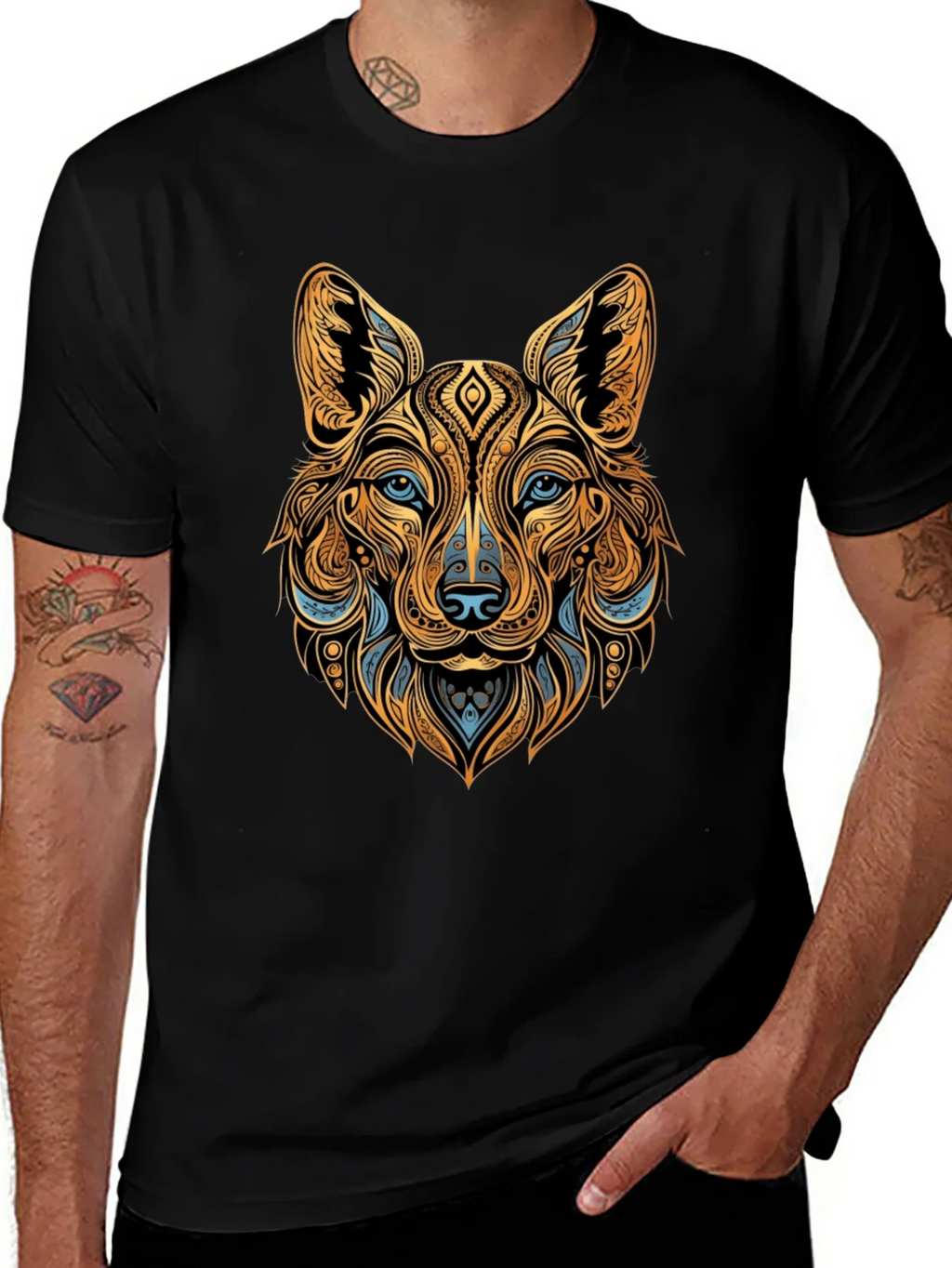 Tribal Wolf Graphic Black Tee - Unique Animal Print product image 1