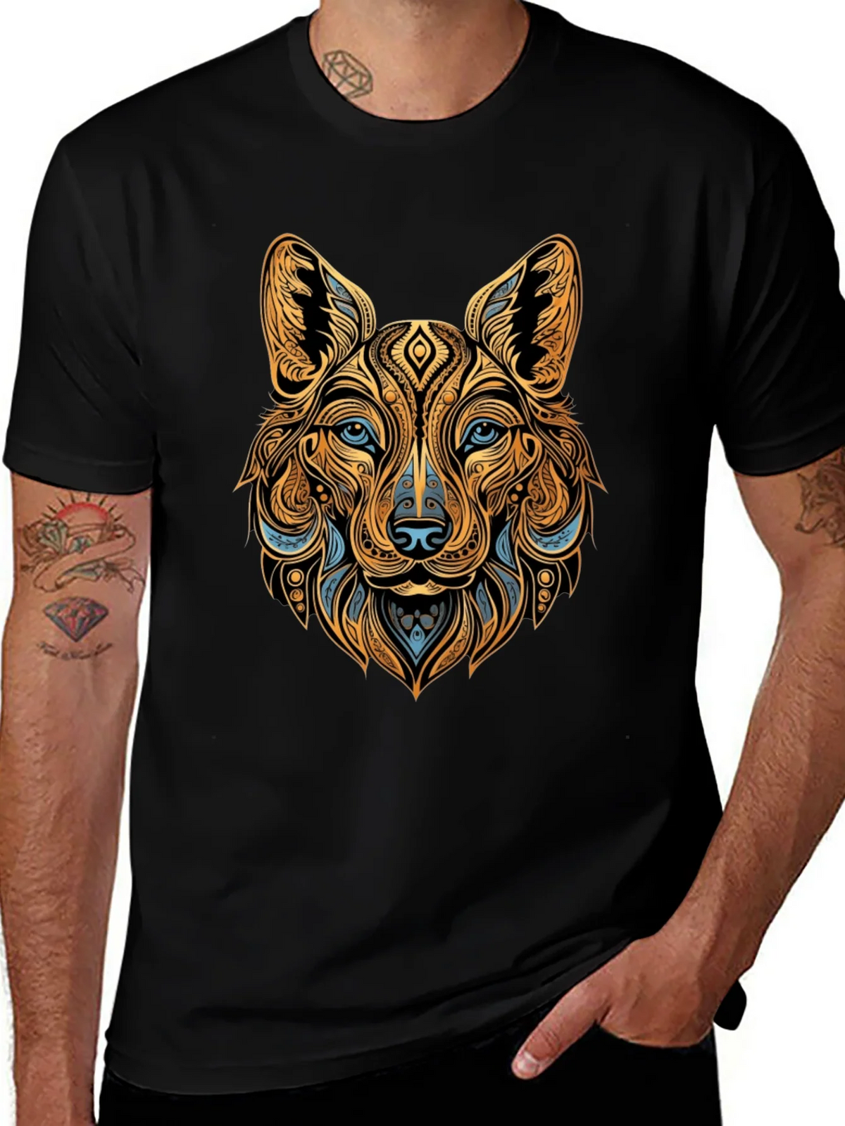 Tribal Wolf Graphic Black Tee - Unique Animal Print product image 1