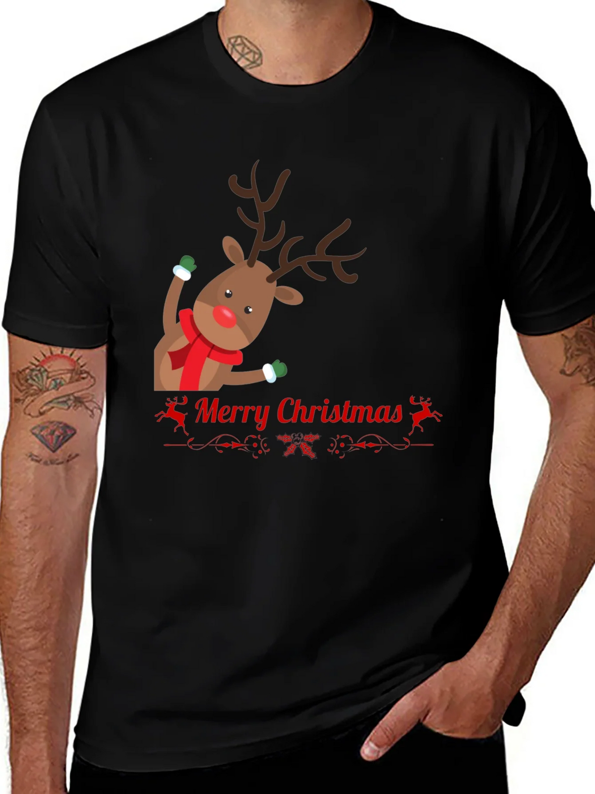 Festive Reindeer Merry Christmas Black T-shirt product image 1