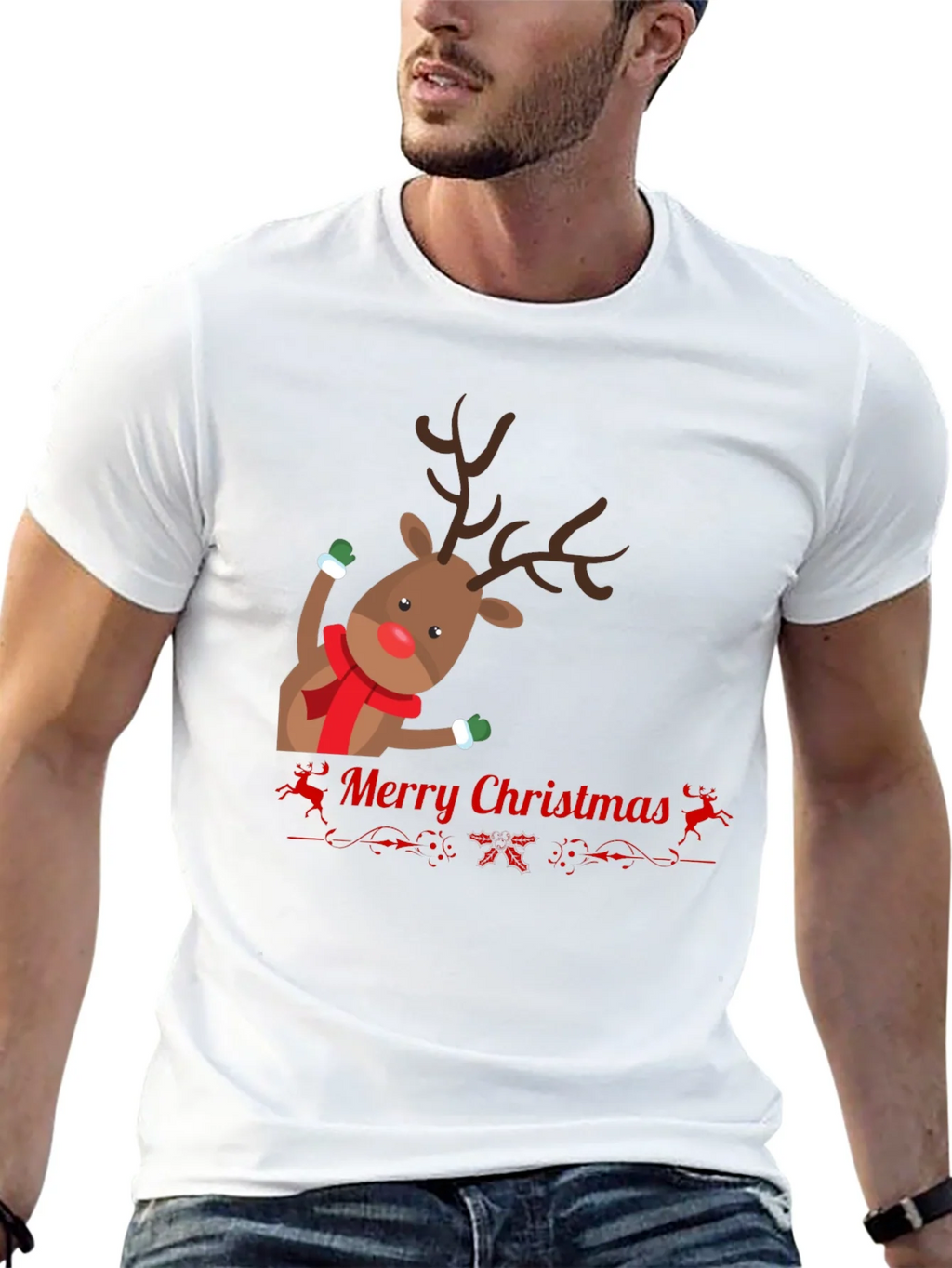 Festive Reindeer Merry Christmas Black T-shirt product image 12
