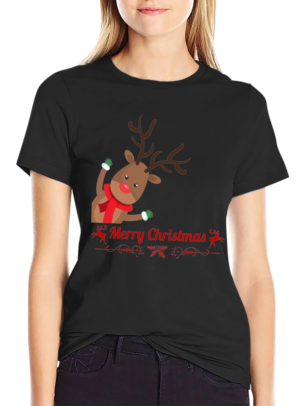 Festive Reindeer Merry Christmas Black T-shirt product image 2