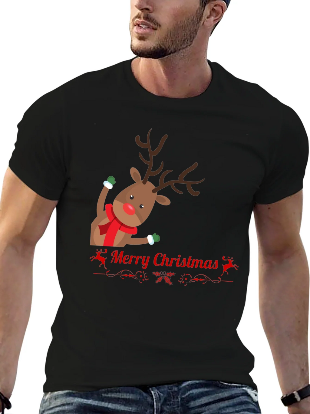 Festive Reindeer Merry Christmas Black T-shirt product image 6
