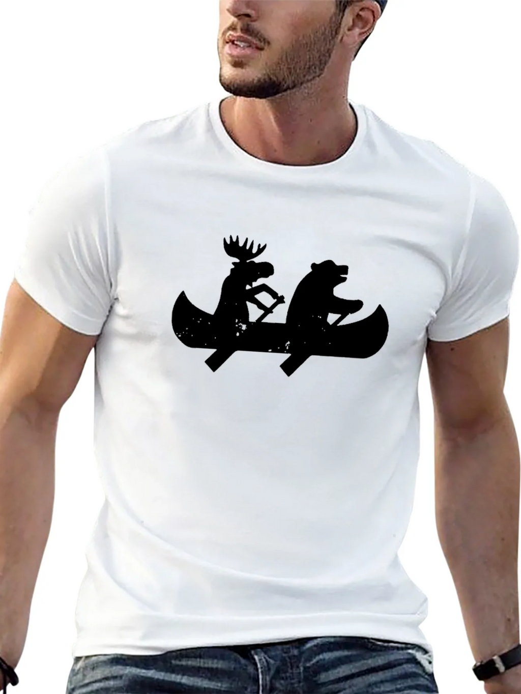 Black T-Shirt with Moose and Bear Canoeing Design product image 7