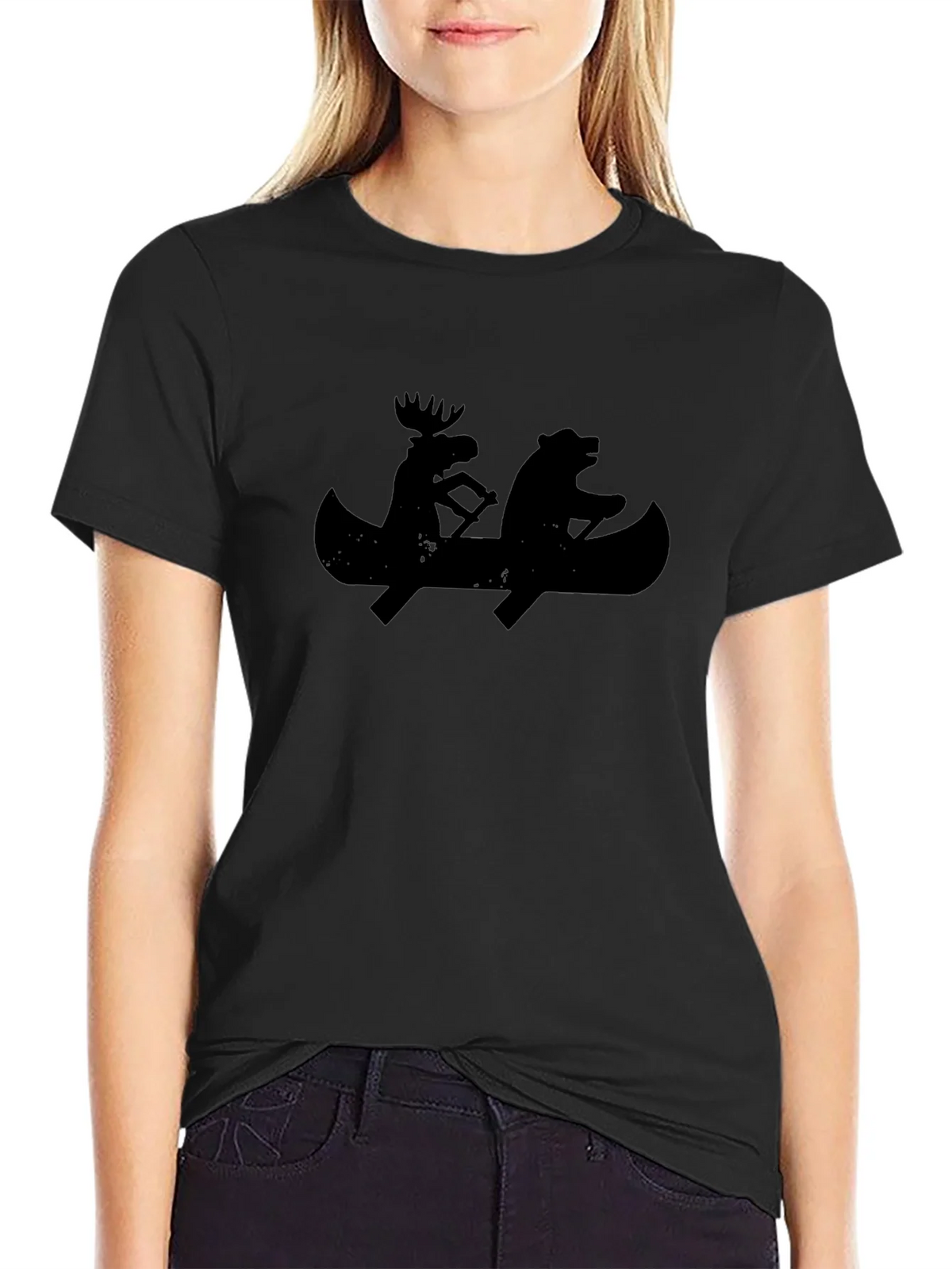 Black T-Shirt with Moose and Bear Canoeing Design product image 2
