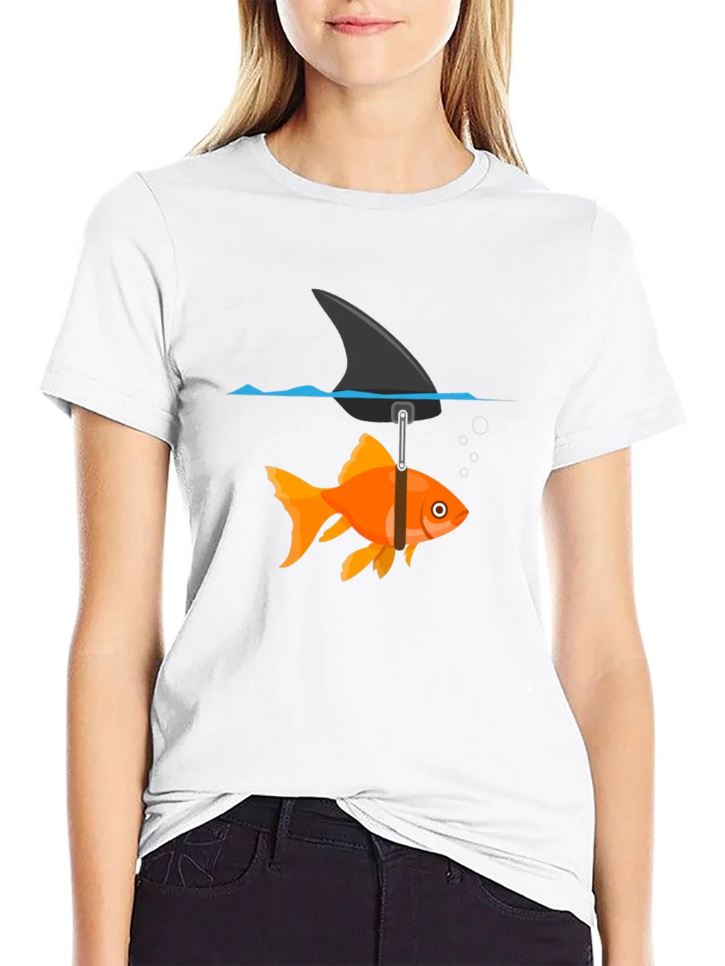 Funny Goldfish Shark Fin Black T-Shirt product image 7