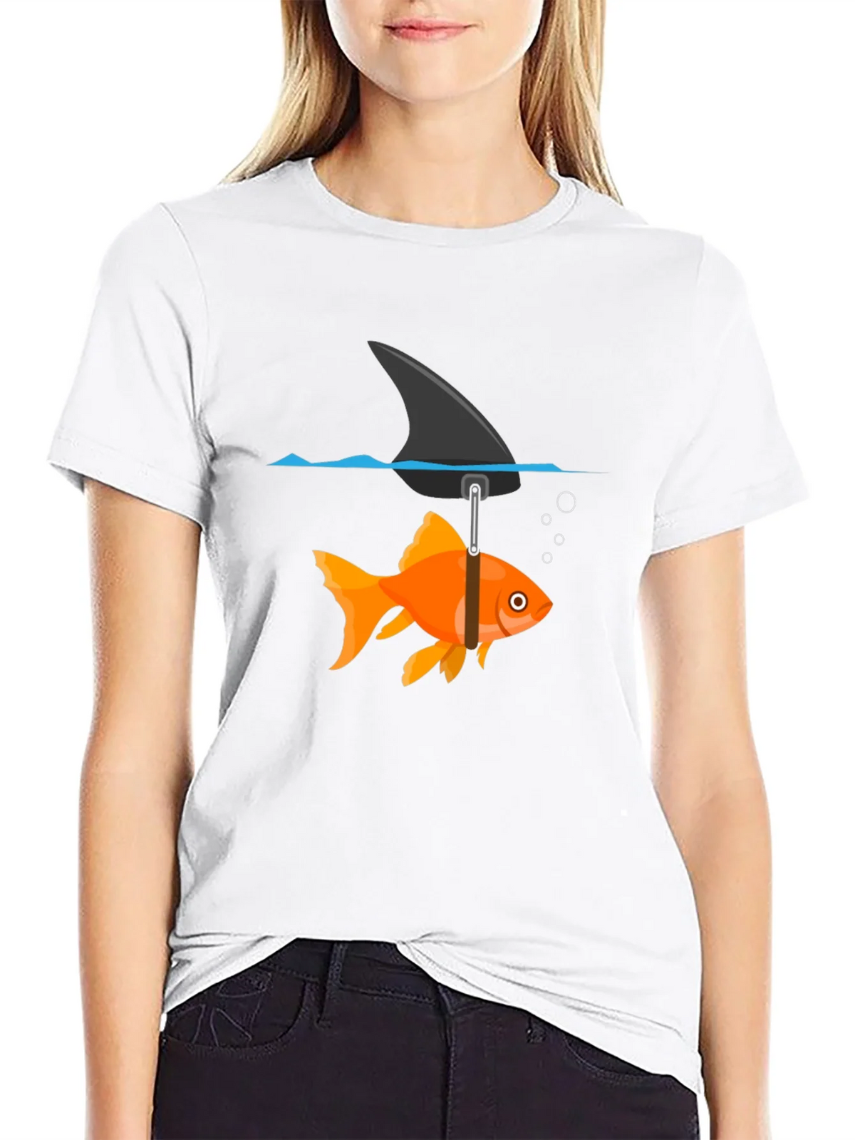 Funny Goldfish Shark Fin Black T-Shirt product image 7