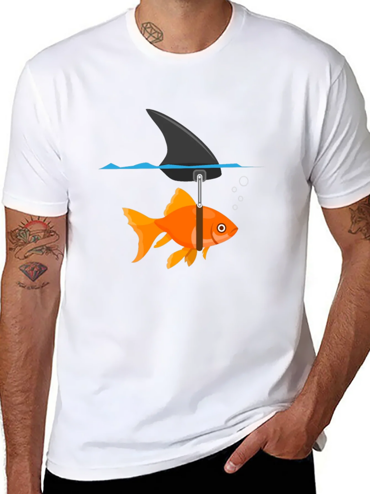 Funny Goldfish Shark Fin Black T-Shirt product image 6