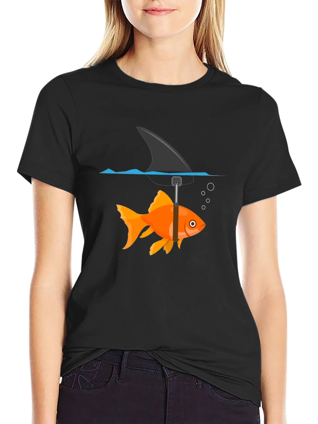 Funny Goldfish Shark Fin Black T-Shirt product image 2