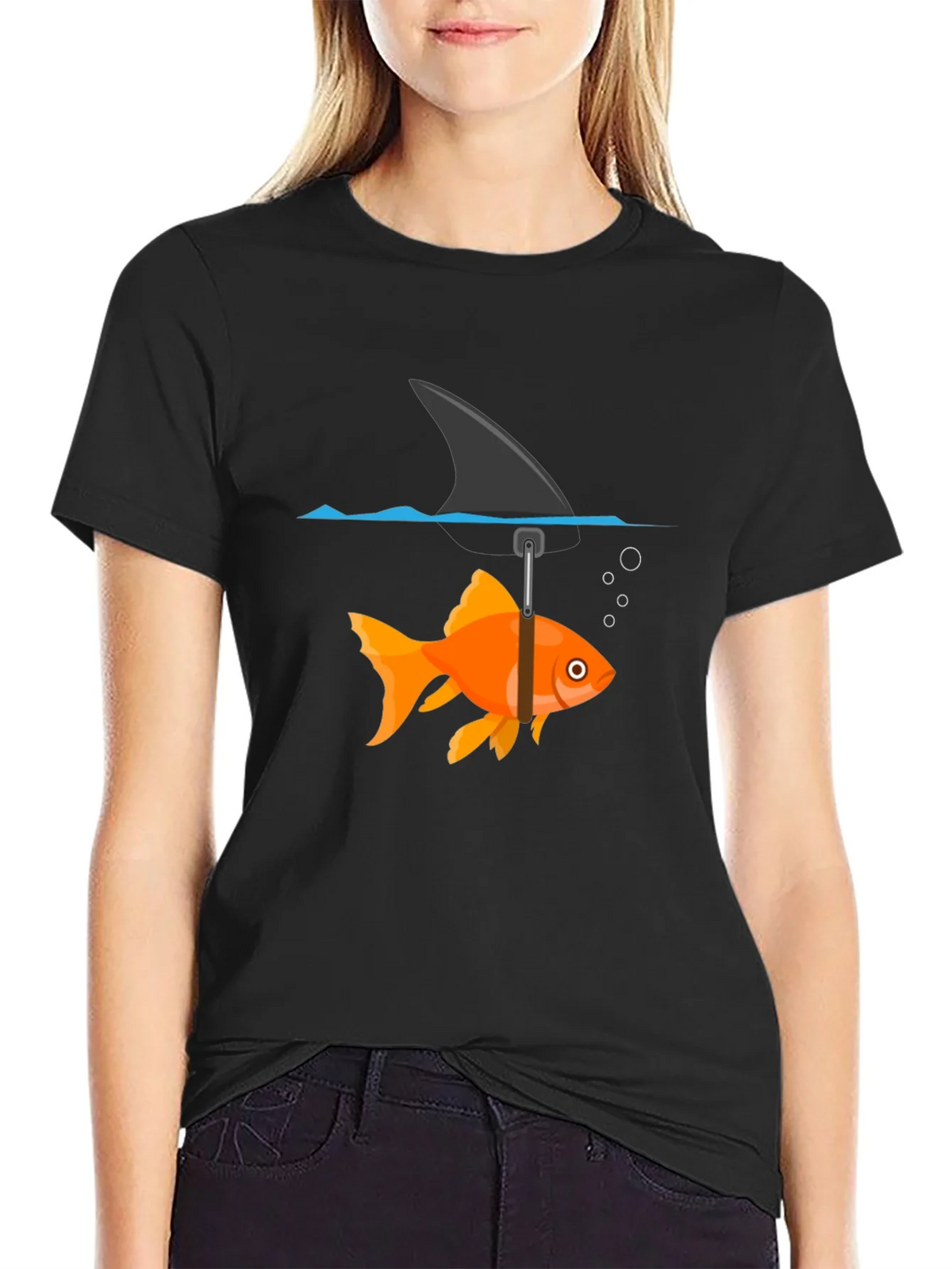 Funny Goldfish Shark Fin Black T-Shirt product image 2