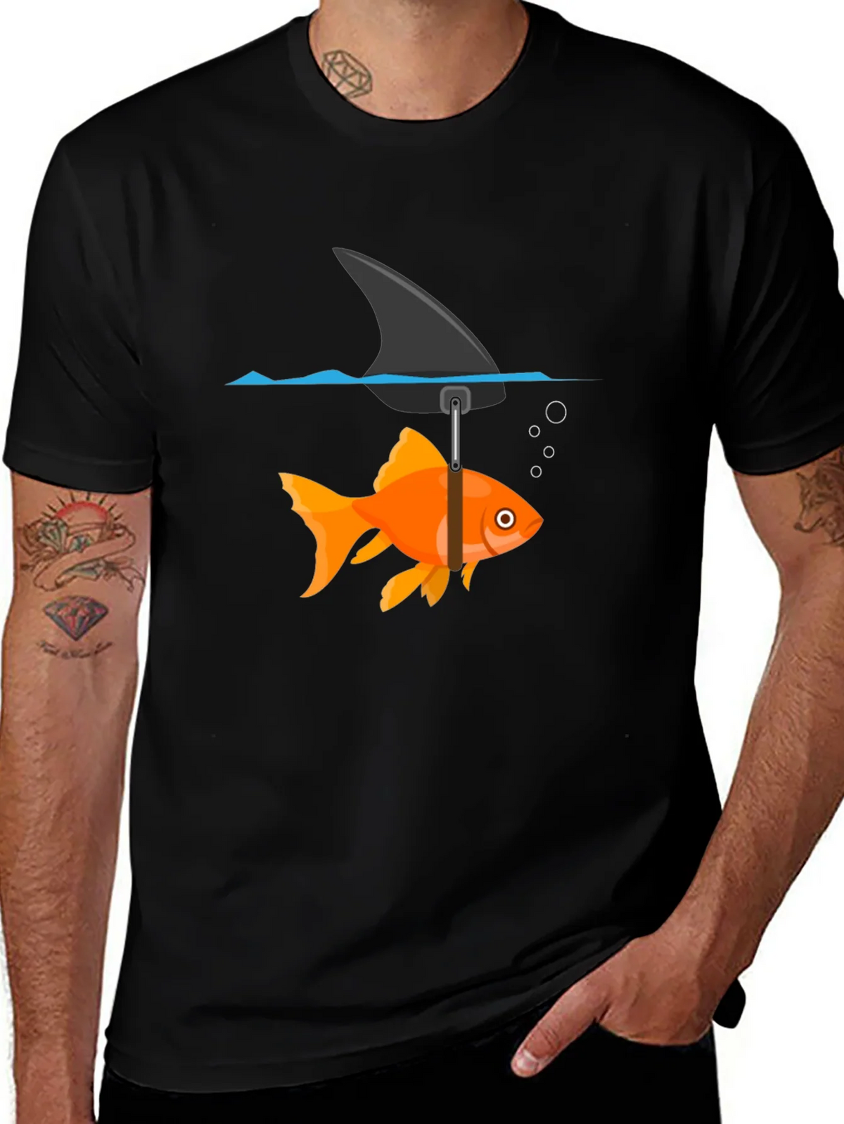 Funny Goldfish Shark Fin Black T-Shirt product image 1
