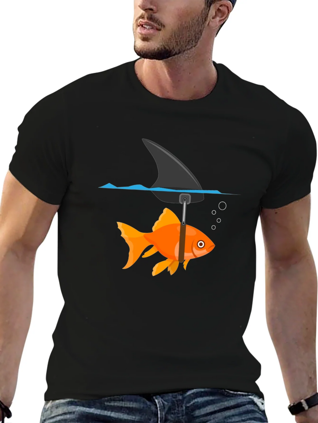 Funny Goldfish Shark Fin Black T-Shirt product image 5