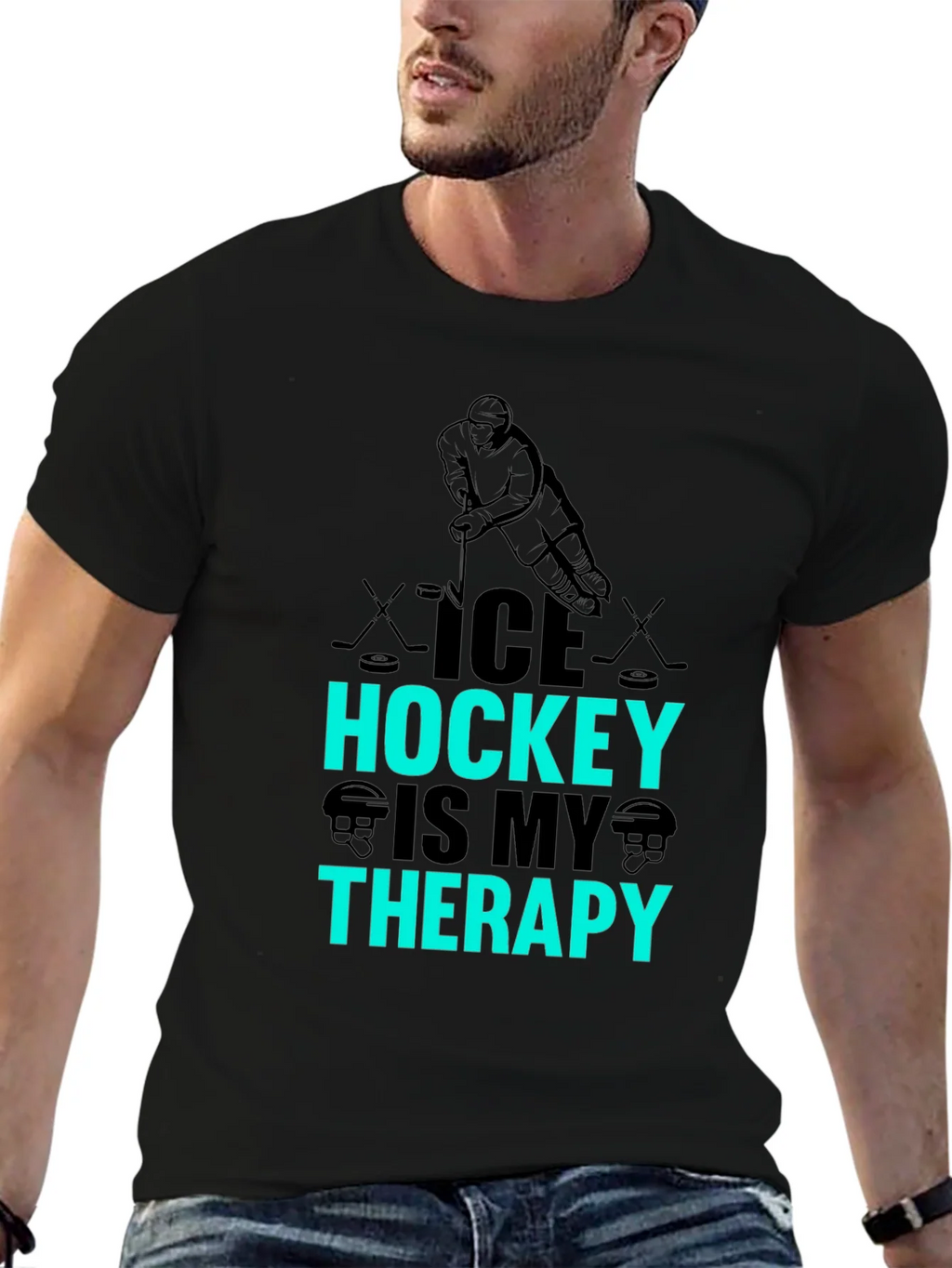 Ice Hockey Is My Therapy Black Graphic T-Shirt product image 5
