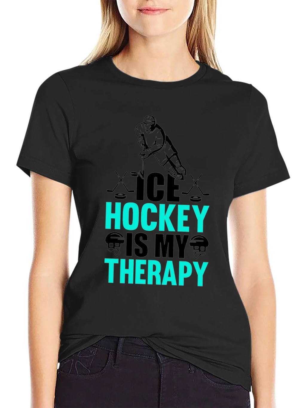 Ice Hockey Is My Therapy Black Graphic T-Shirt product image 2