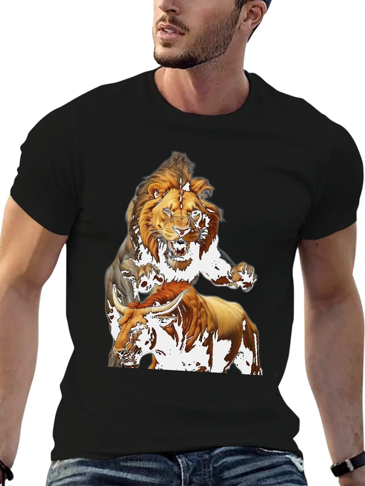 Lion & Bull Graphic Print Tee - Bold Black T-Shirt product image 6
