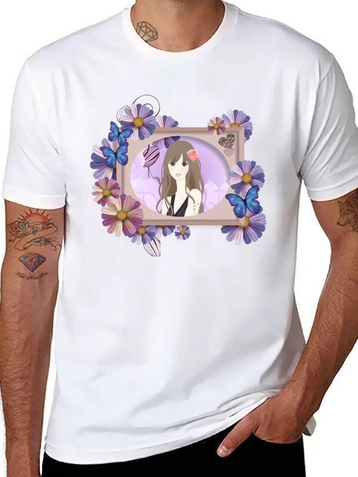Anime Girl Floral Frame Black T-Shirt product image 2