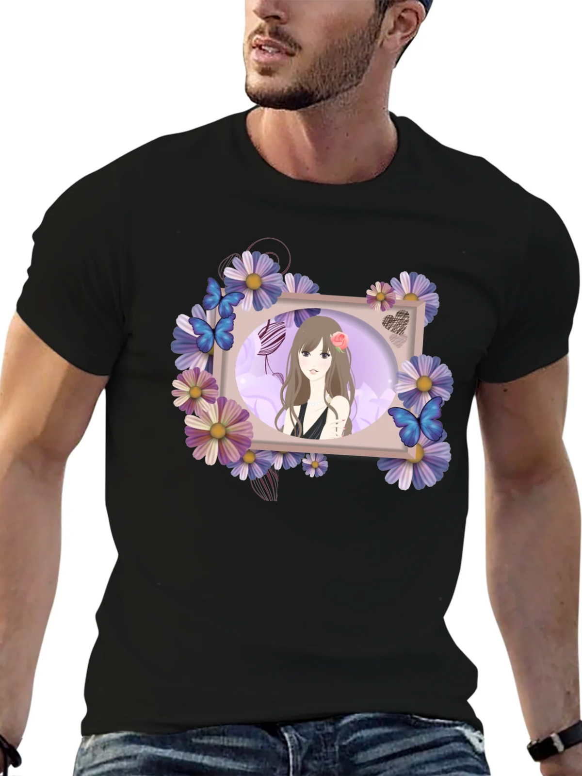 Anime Girl Floral Frame Black T-Shirt product image 1