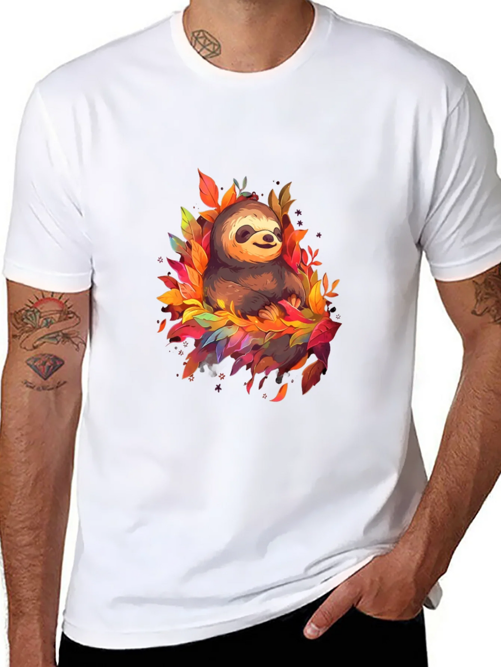 Cute Sloth Fall Leaves Black T-Shirt product image 2