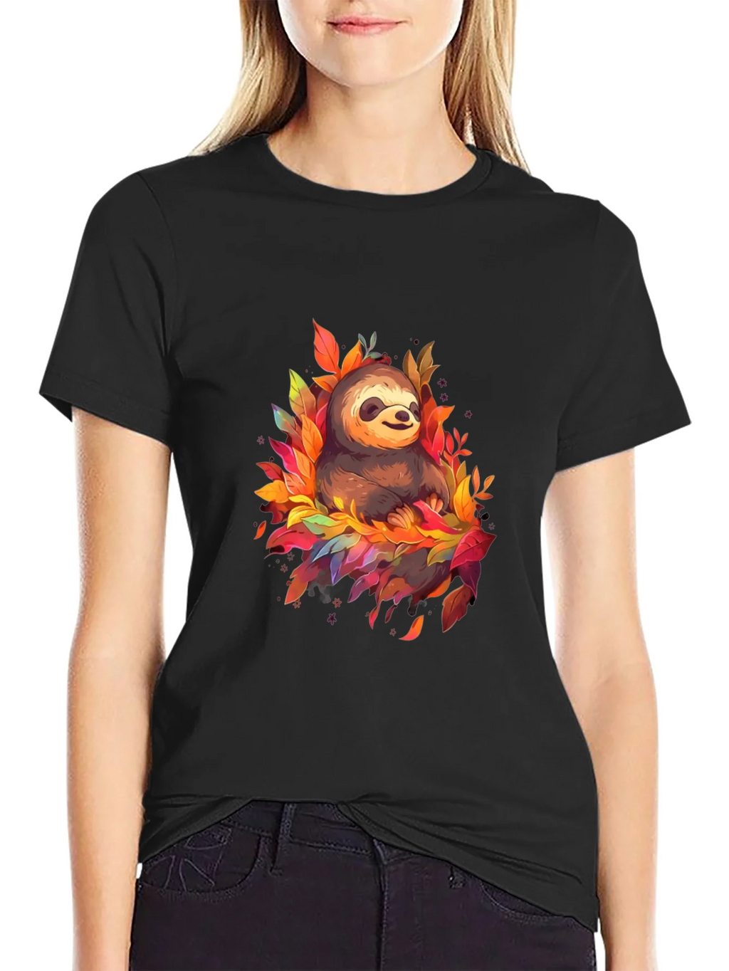 Cute Sloth Fall Leaves Black T-Shirt product image 1