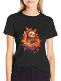 Cute Sloth Fall Leaves Black T-Shirt product image 1