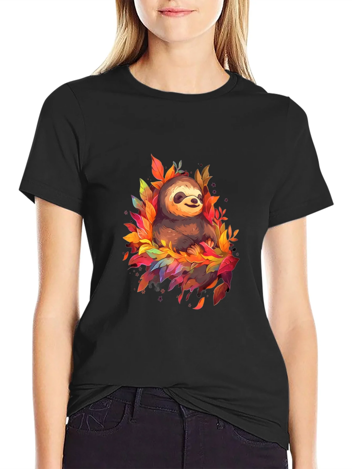 Cute Sloth Fall Leaves Black T-Shirt product image 1