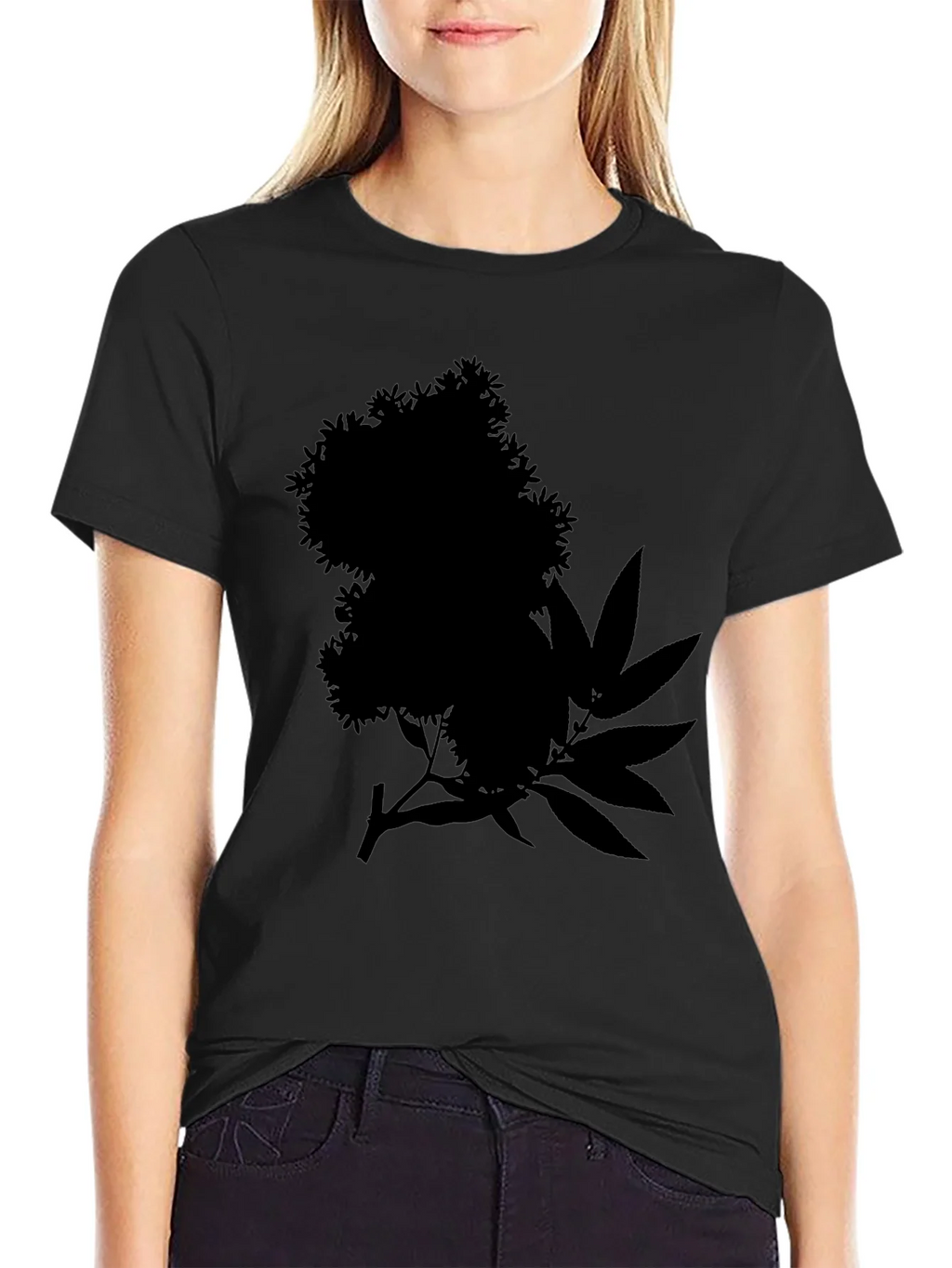 Black Tee with Floral and Leaf Silhouette Design product image 2