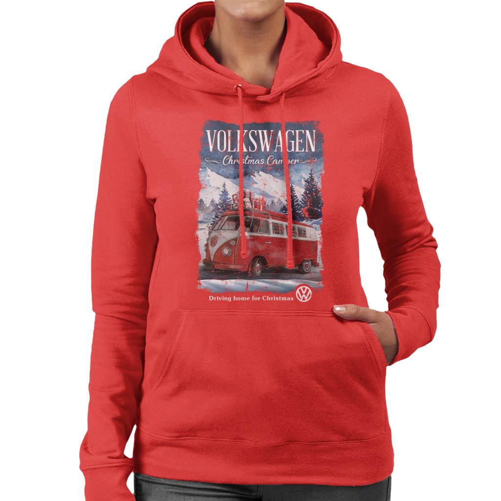Volkswagen Christmas Red Camper Driving Home Women's Hooded product image 6