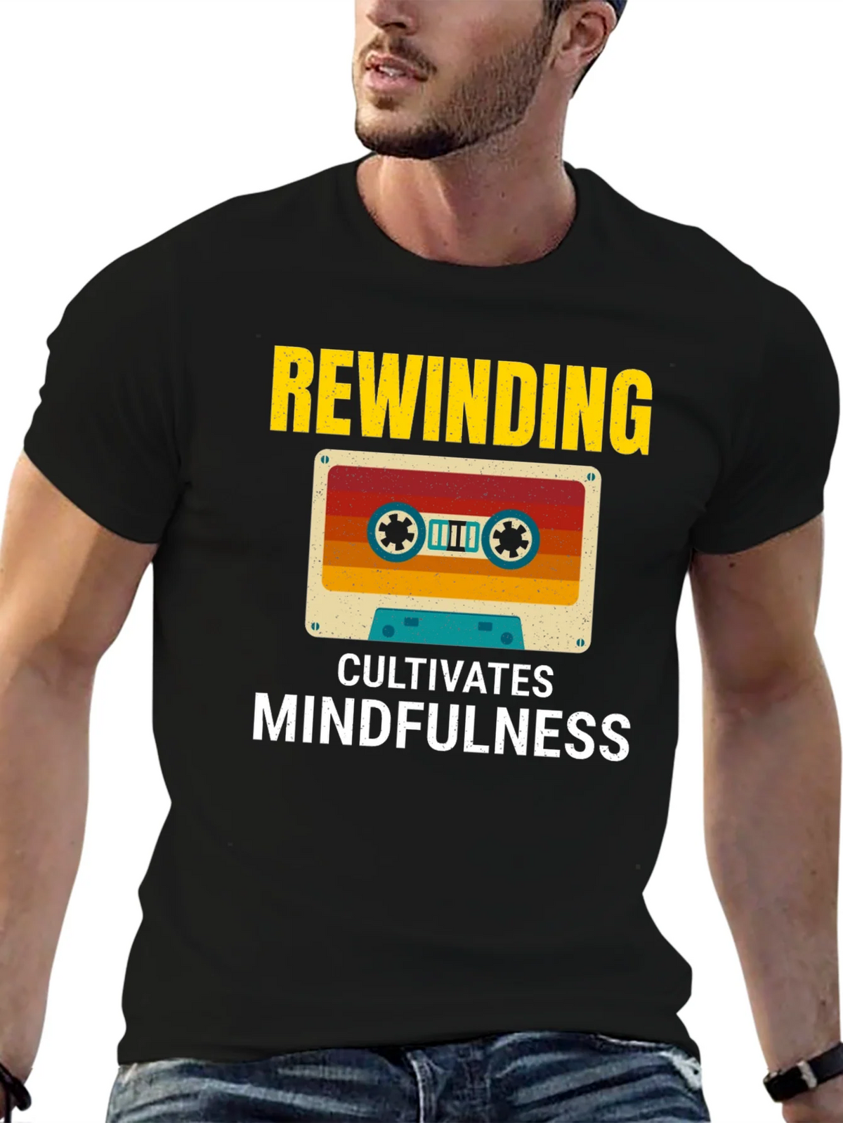 Rewinding Cultivates Mindfulness Cassette Tape Graphic Tee product image 1