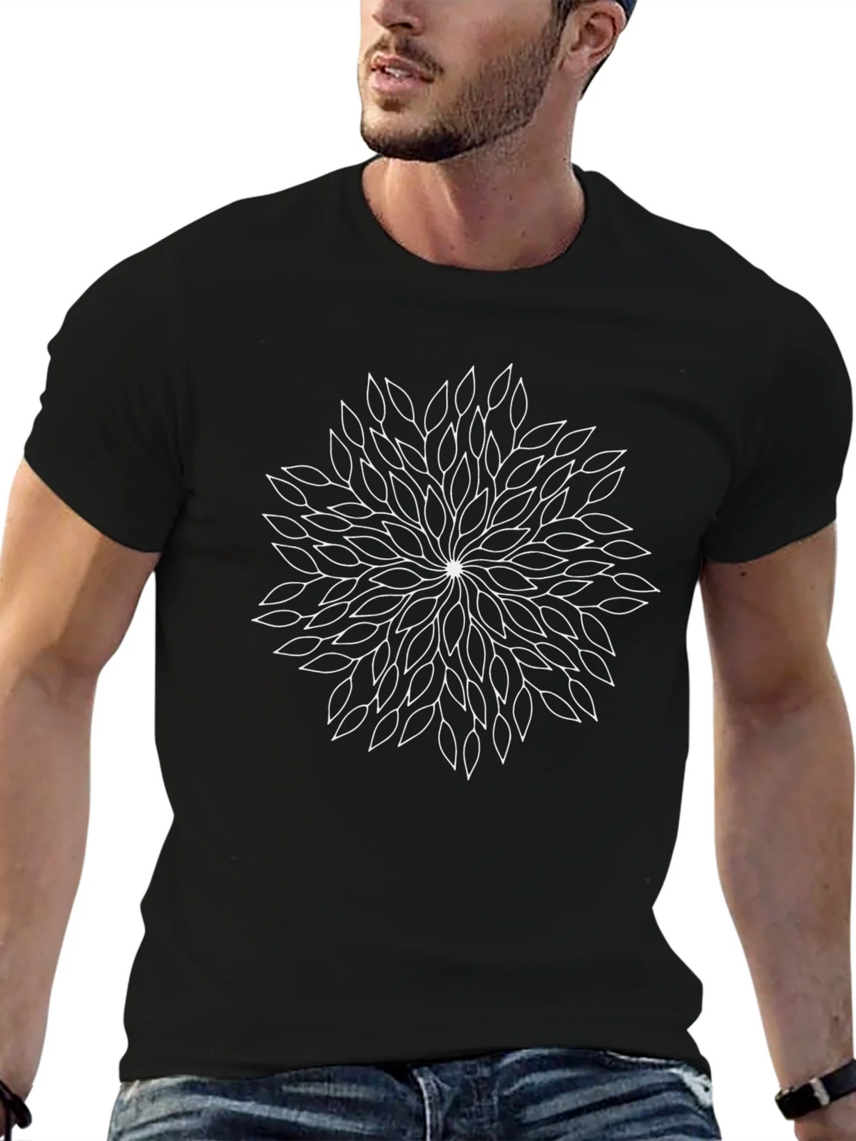 Black T-Shirt with White Leaf Mandala Design product image 6