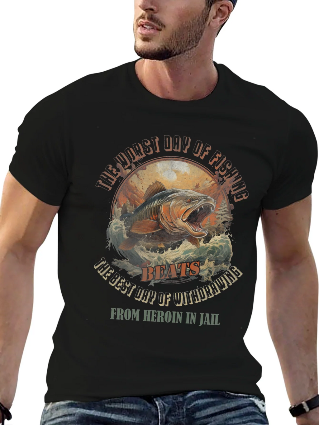 Fishing vs. Heroin Black Graphic Tee product image 5