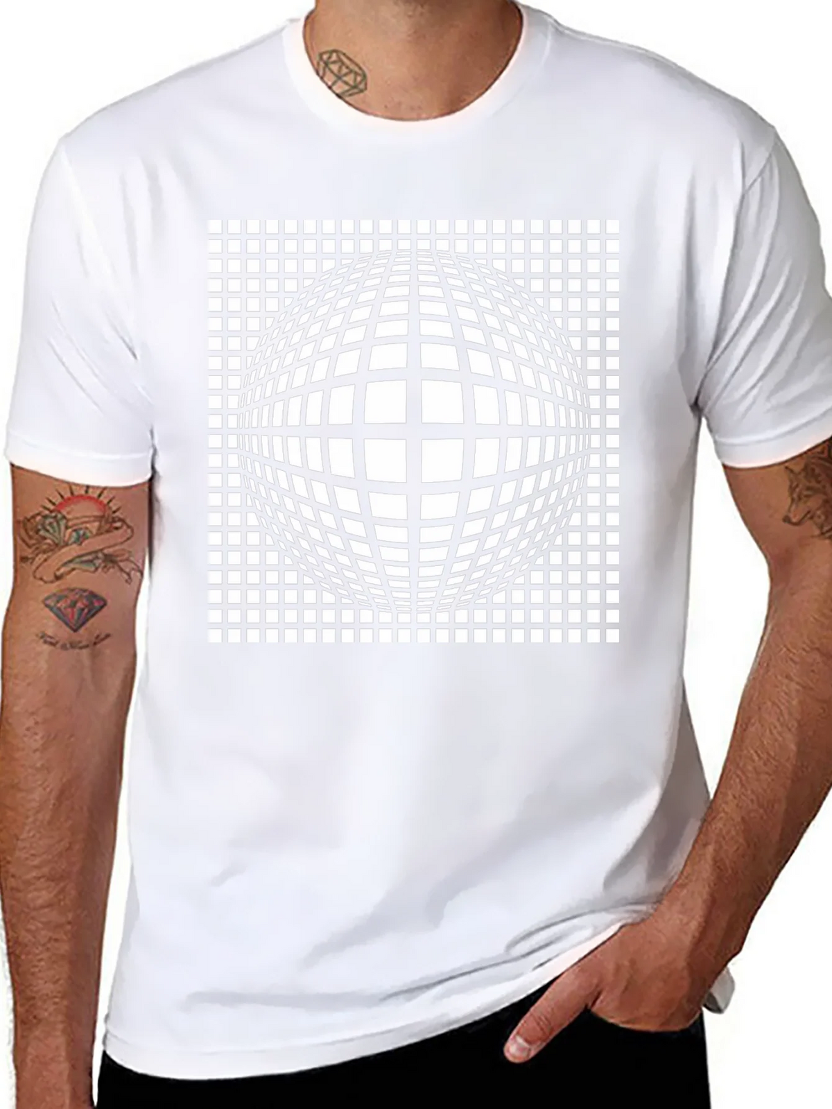 Optical Illusion Grid Sphere Black T-Shirt product image 7