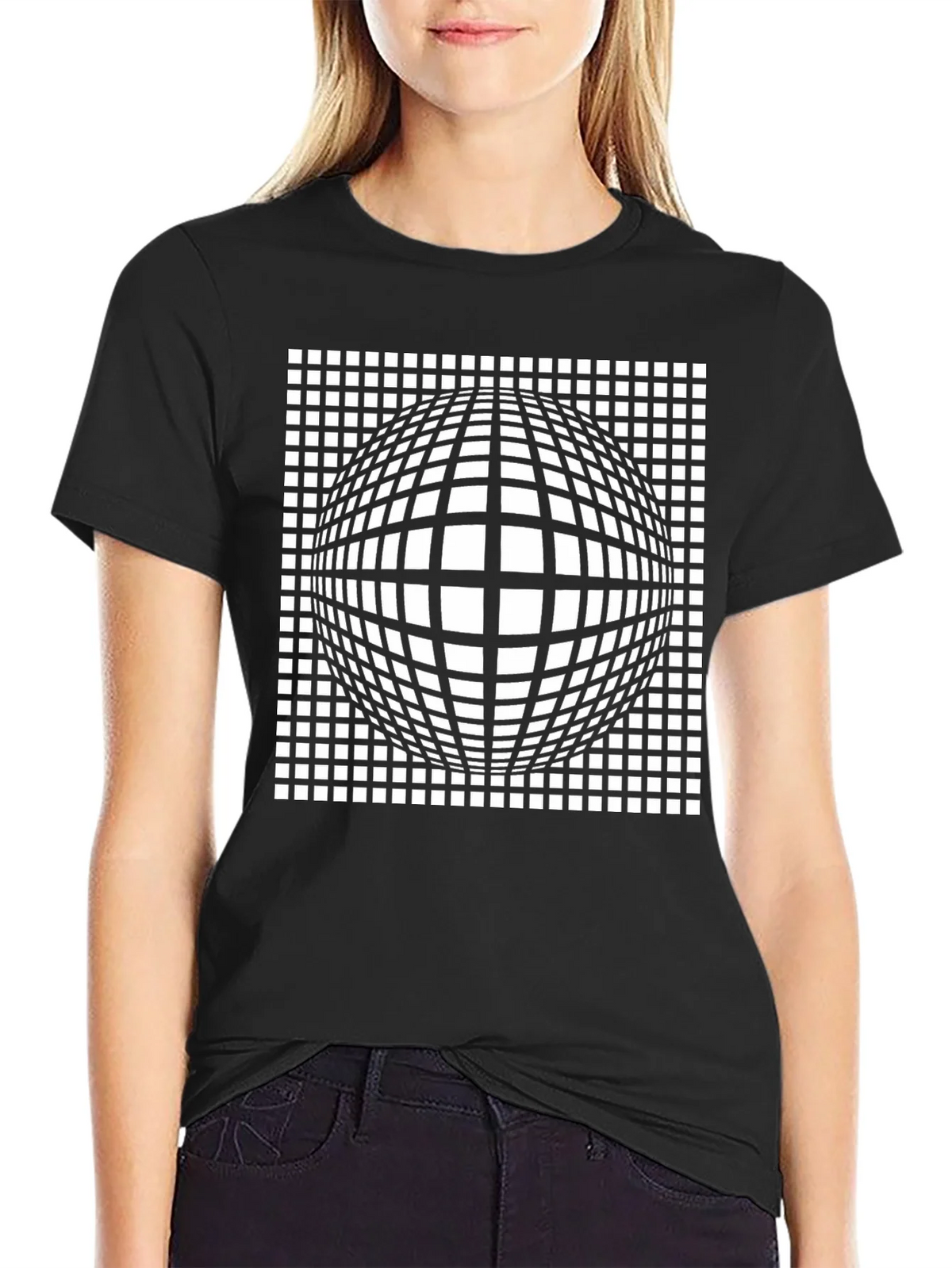 Optical Illusion Grid Sphere Black T-Shirt product image 2