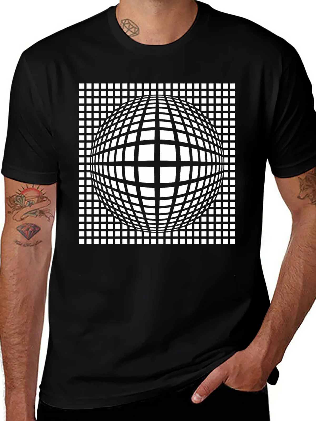 Optical Illusion Grid Sphere Black T-Shirt product image 1