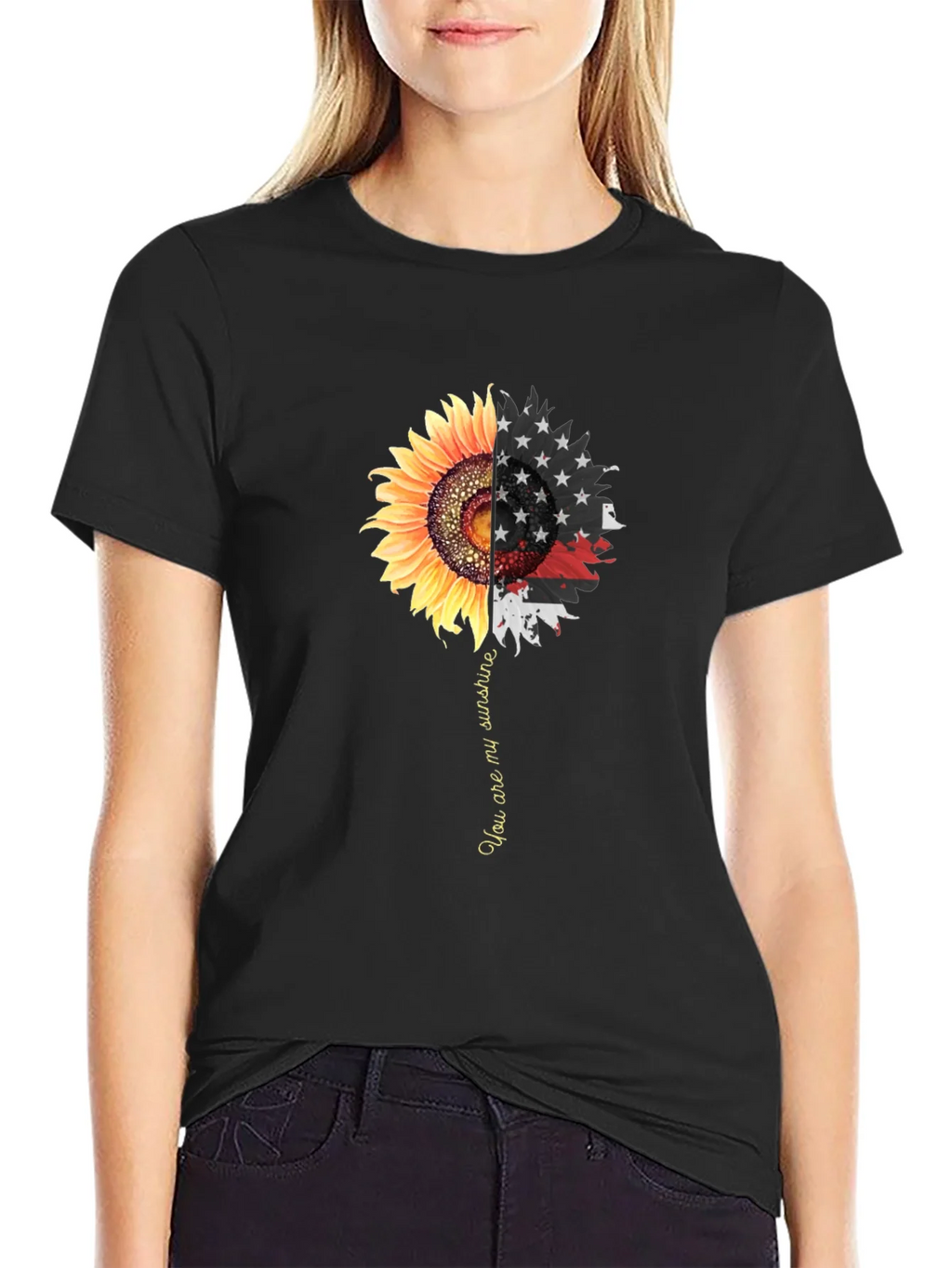 Sunflower American Flag Graphic Print Mens Black T-Shirt product image 2