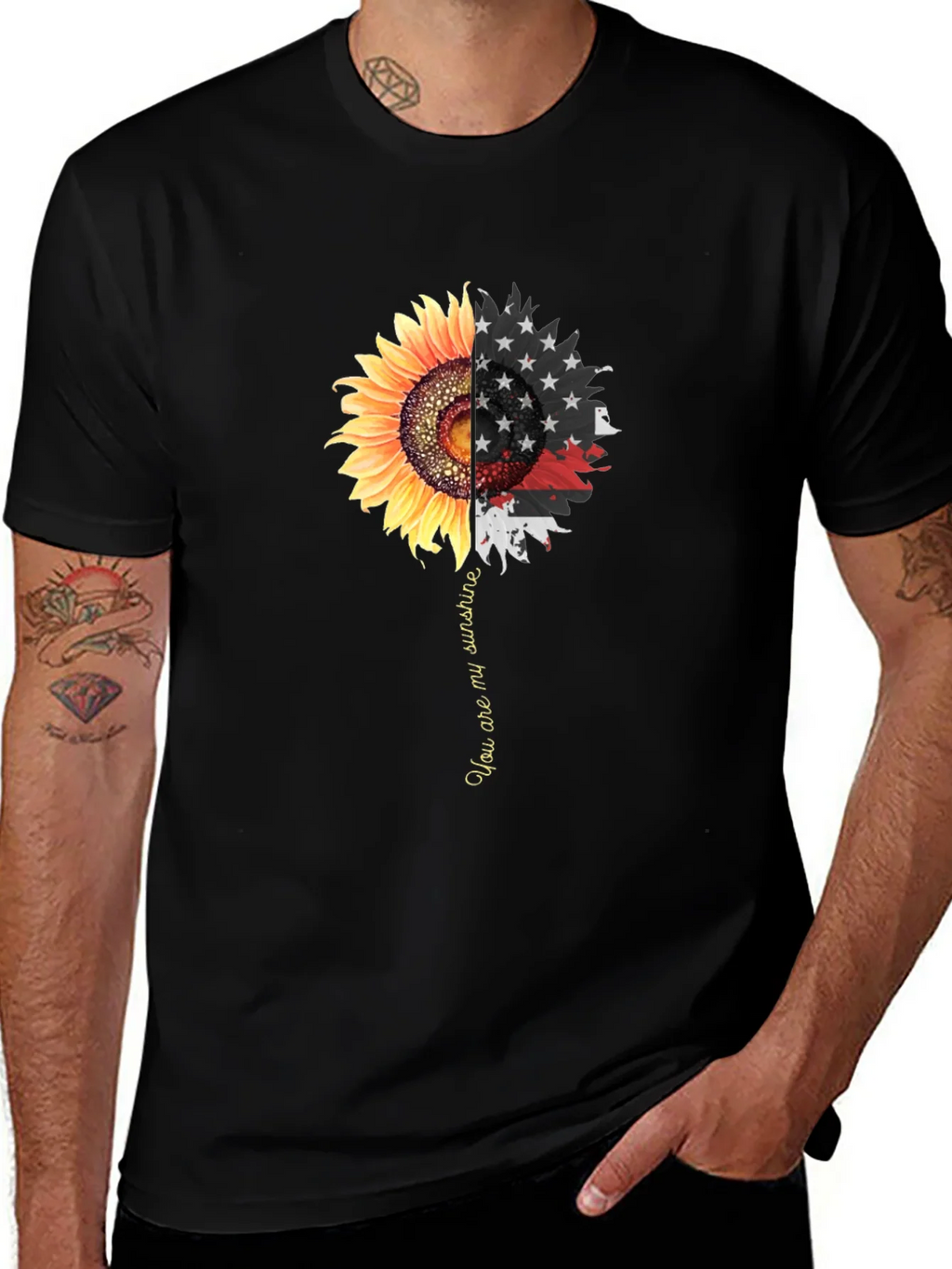 Sunflower American Flag Graphic Print Mens Black T-Shirt product image 1
