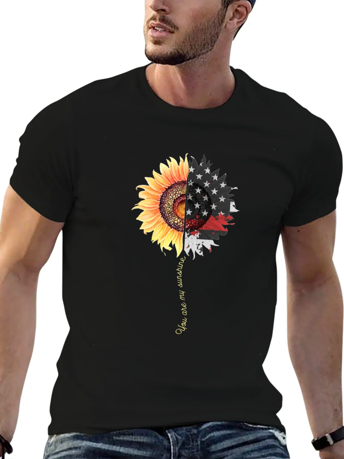 Sunflower American Flag Graphic Print Mens Black T-Shirt product image 6