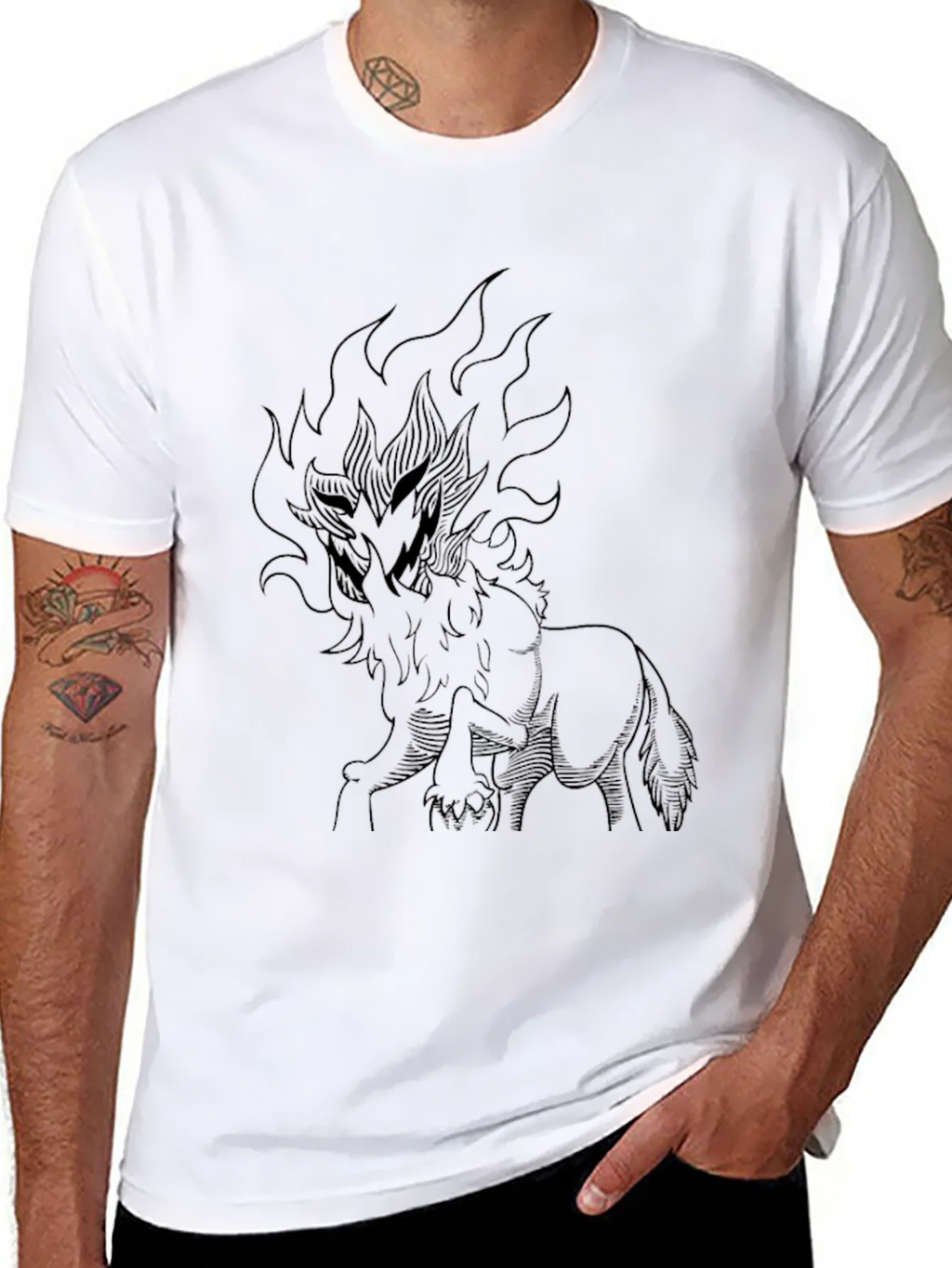 Black T-Shirt with Fiery Wolf Design product image 7