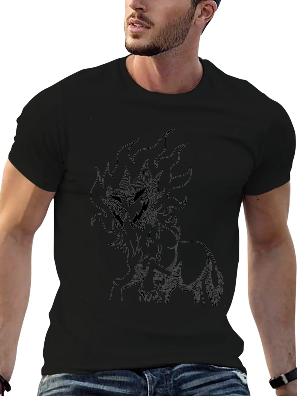 Black T-Shirt with Fiery Wolf Design product image 6