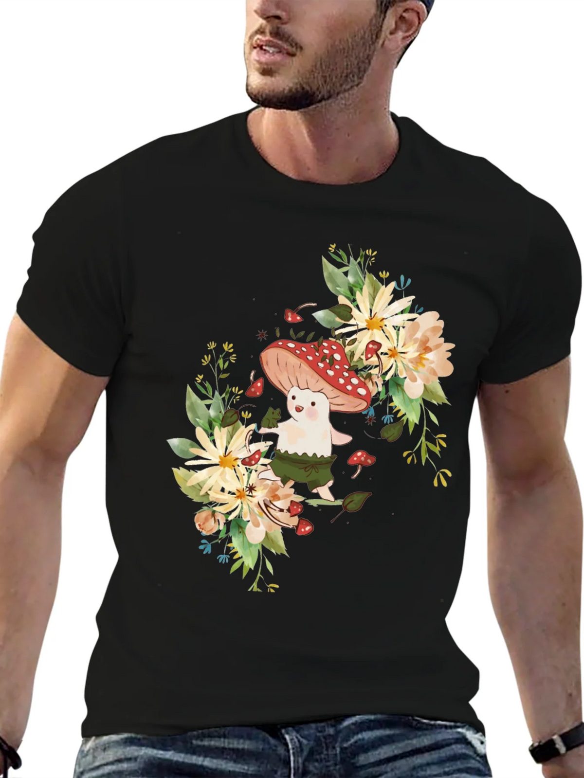 Mushroom & Floral Graphic Black Tee product image 6