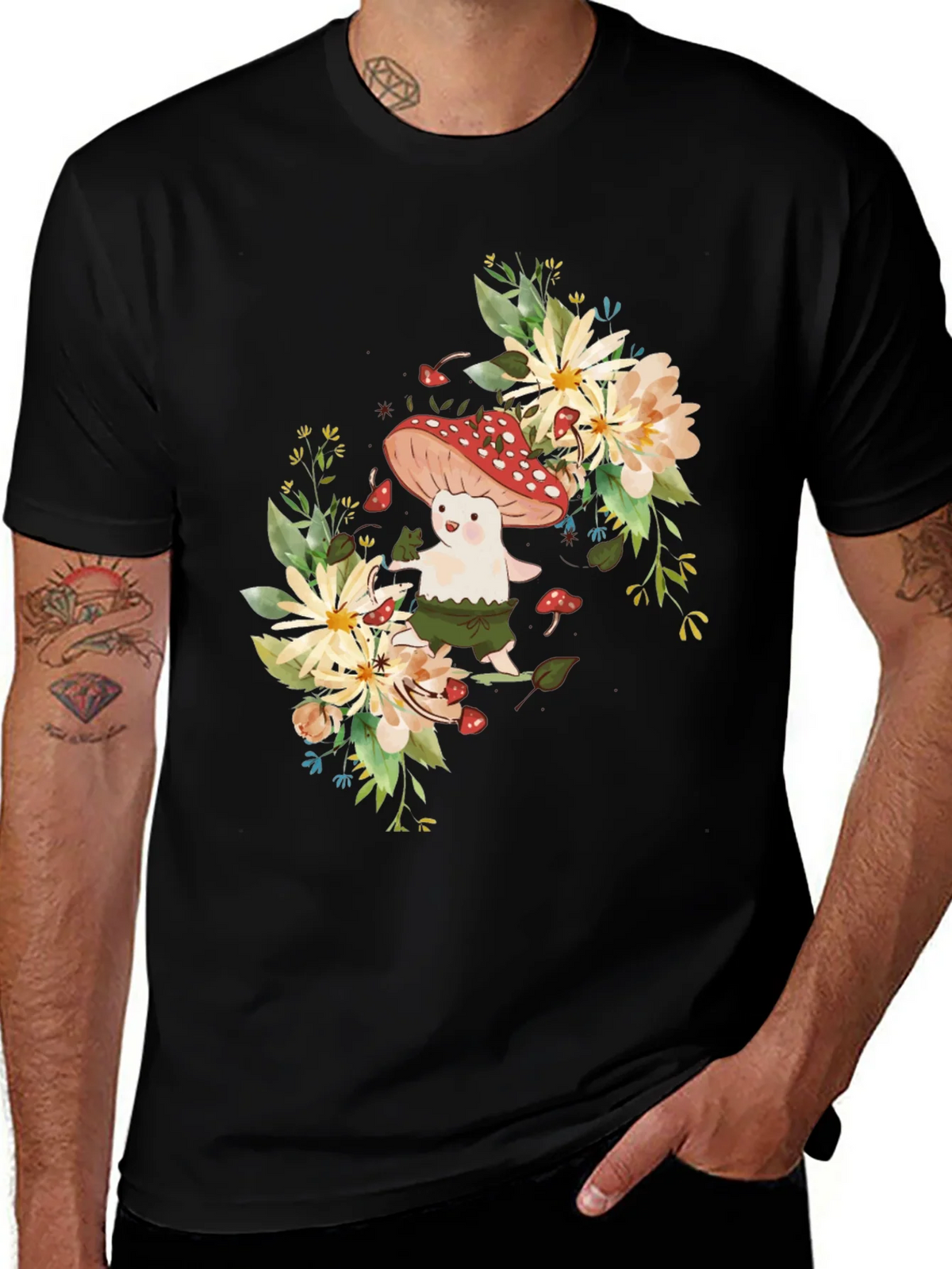 Mushroom & Floral Graphic Black Tee product image 1