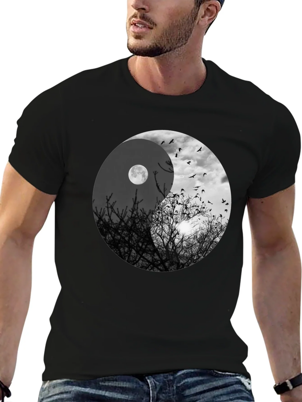 Yin Yang Moon & Birds Graphic T-Shirt product image 4