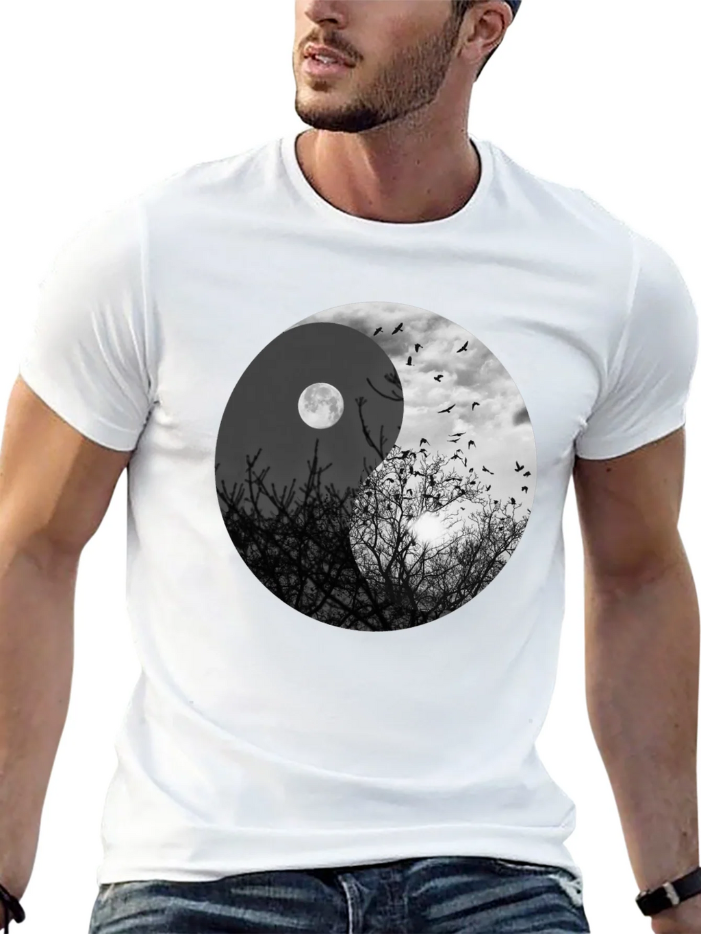 Yin Yang Moon & Birds Graphic T-Shirt product image 8