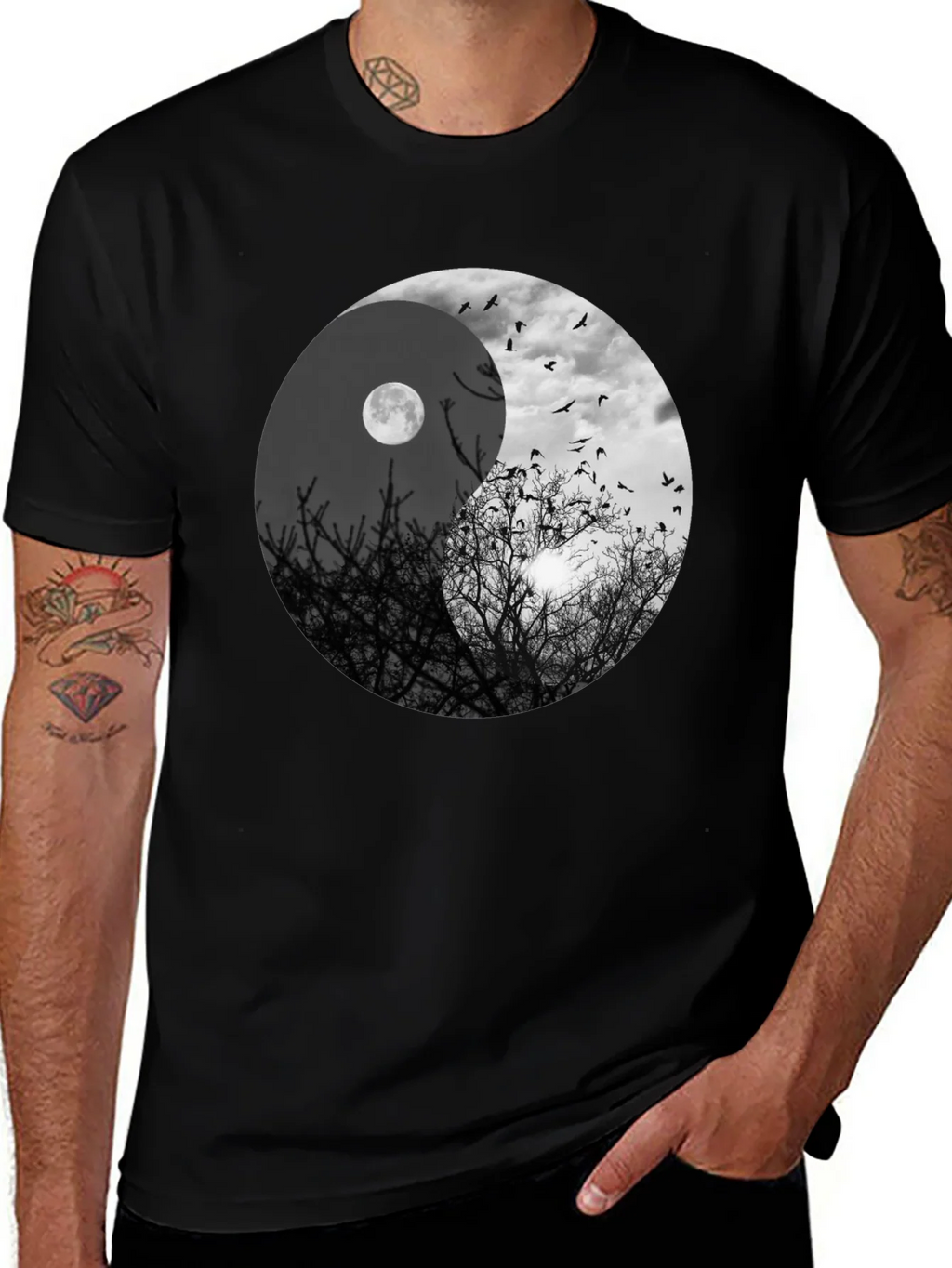 Yin Yang Moon & Birds Graphic T-Shirt product image 1