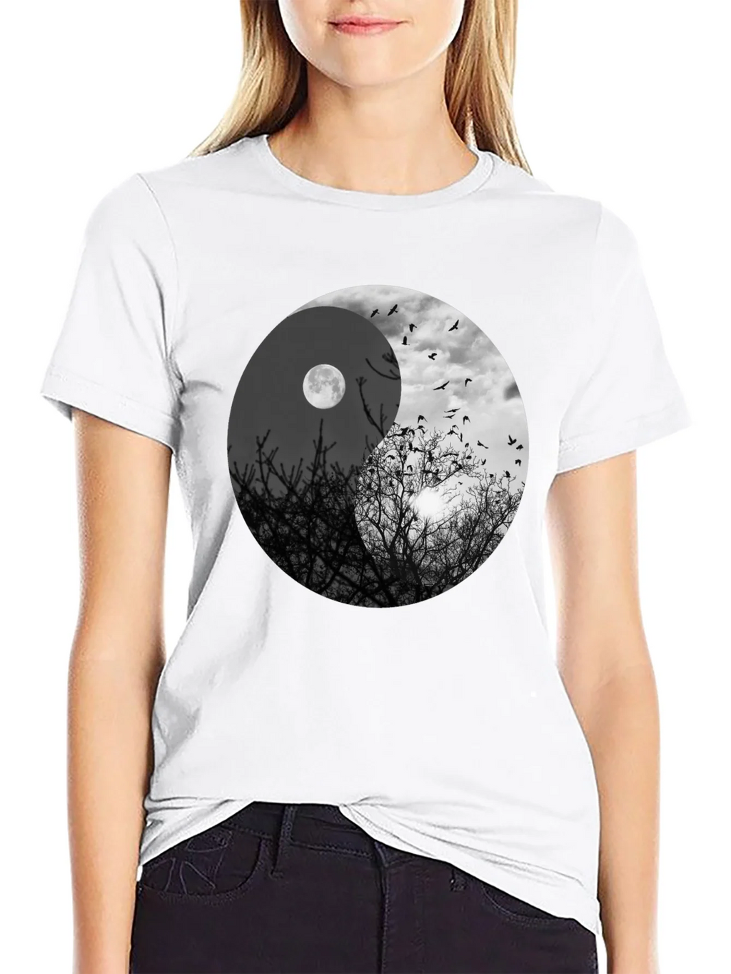 Yin Yang Moon & Birds Graphic T-Shirt product image 5